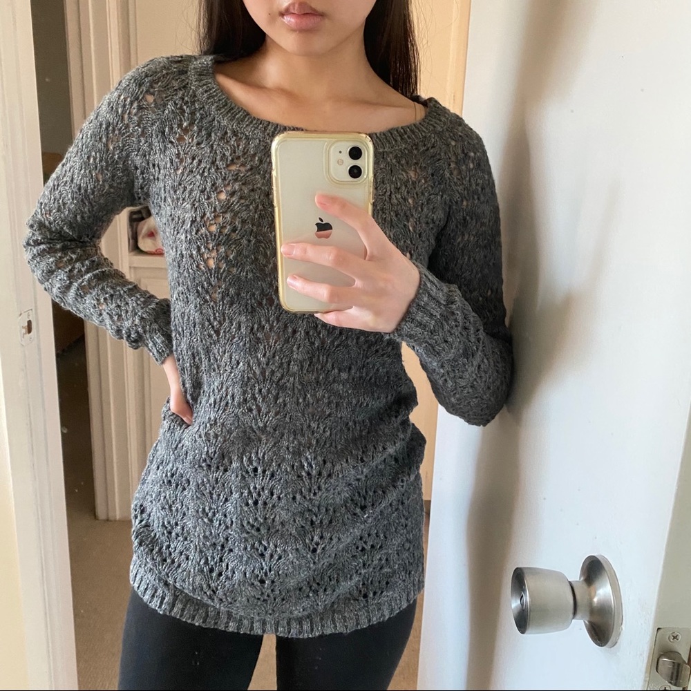 Gray Patterned Open Knit Sweater - image 2